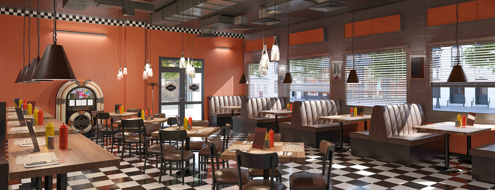 Vintage diner booths and jukebox
